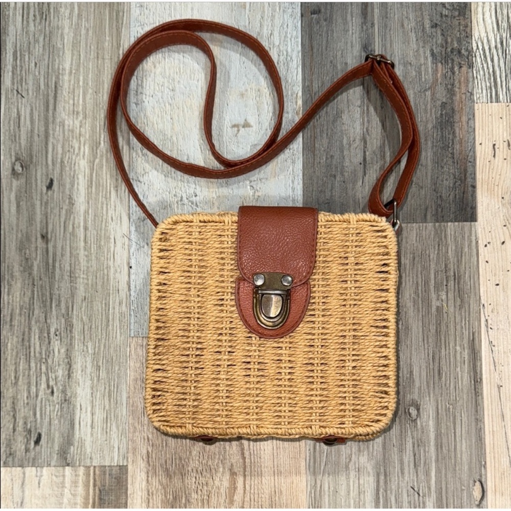 Tan Woven Crossbody Bag with Leather Accents